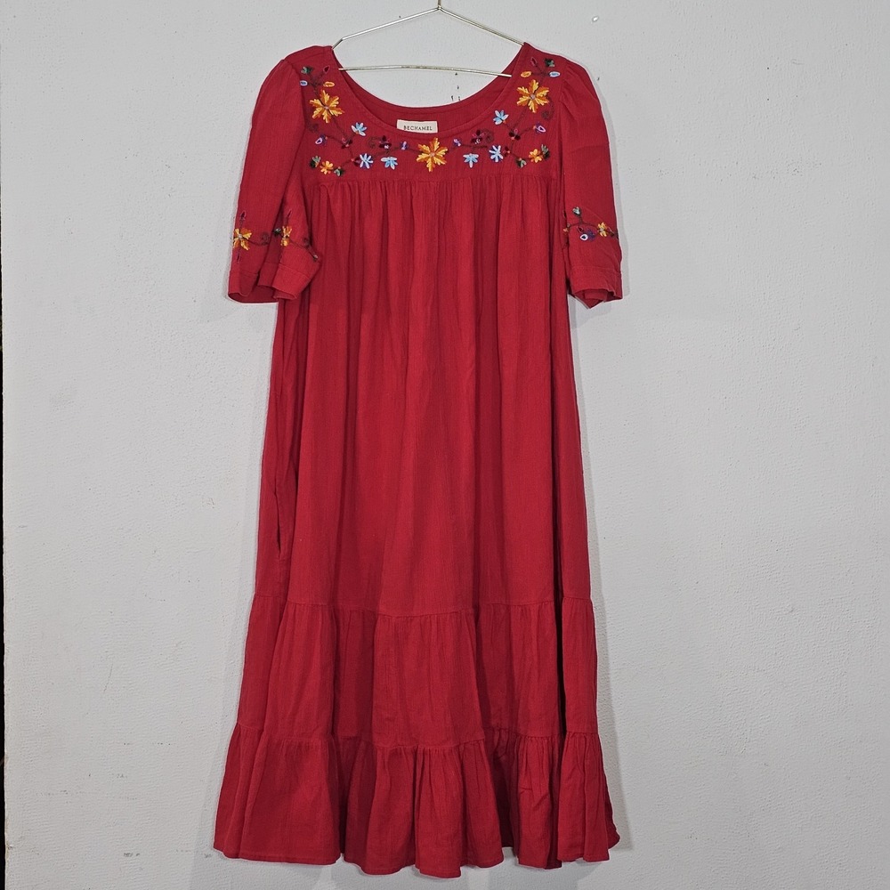 Bechamel Dress Womens sz  M Embroidered Floral  Cotton Pockets Peasant Folk